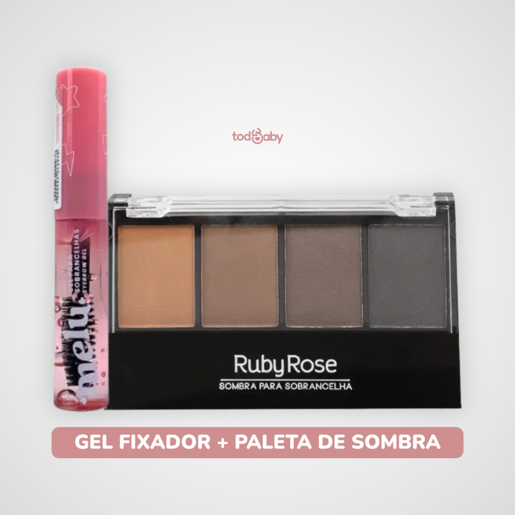 Gel Fixador Melu + Paleta de Sobrancelha 4 em 1 Ruby Rose® Preenche Define Modela Longa Duração