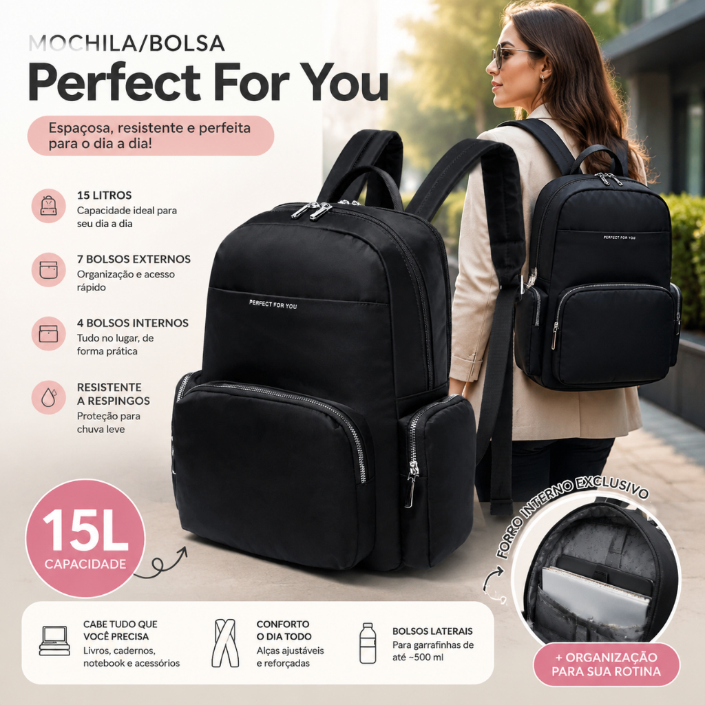 Mochila Feminina 15L para Notebook 14" Reforçada Antifurto para Viagem Trabalho Perfect For You