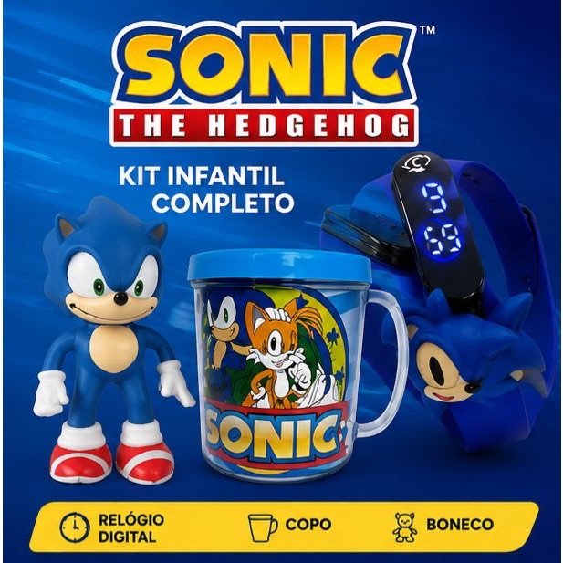 Kit Sonic Infantil 3 Peças – Relógio LED + Caneca + Boneco Colecionável