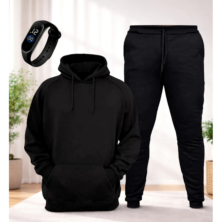 Kit Conjunto Moletom Masculino Capuz + Calça Jogger Preto Flanelado Casual Com Relógio Adulto e Infantil