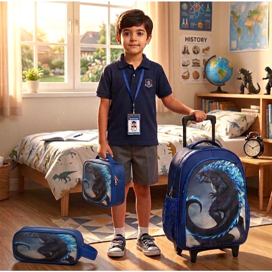 Mochila Godzila Rodinhas Lancheira Estojo Kit