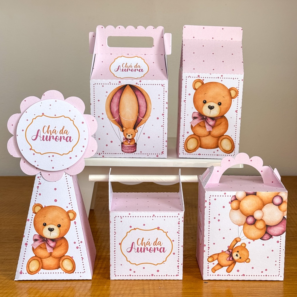 PEGUE E MONTE|Kit Festa Personalizado| CHÁ DE BEBE ROSA | Caixinhas Lembrancinha para Aniversário - SEMIMONTADAS