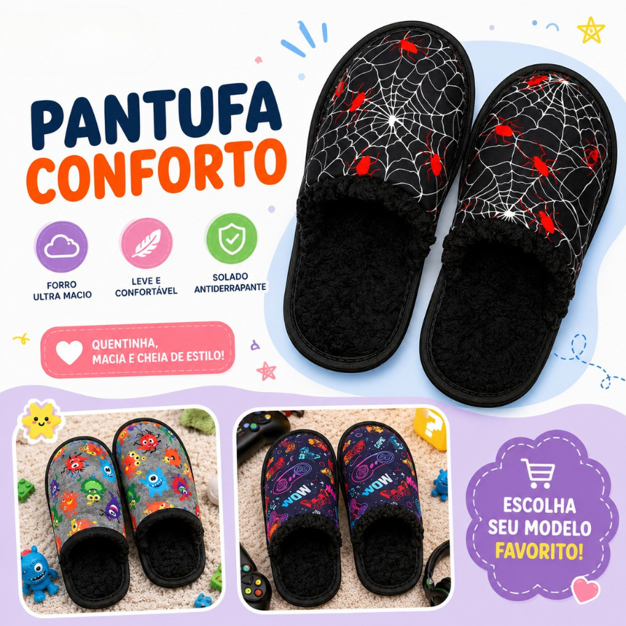 Pantufa Infantil de Inverno Masculina Estampada  Quentinha - Chinelo de inverno
