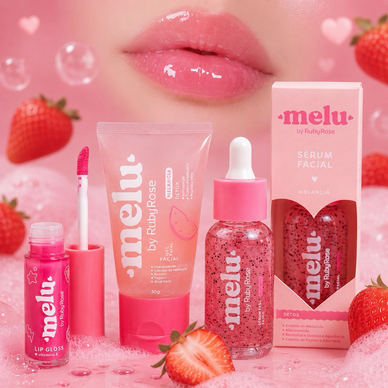 Kit Skincare Feminino Melu Ruby Rose Gloss Sérum Facial Gel Facial Moranguinho Presente Menina