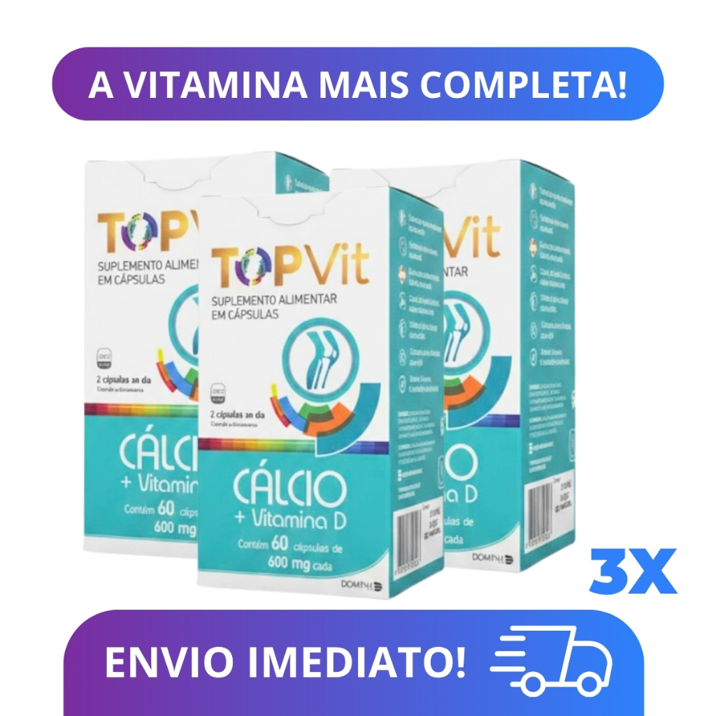 Kit 3X Cálcio + Vitamina D Topvit 180 Cápsulas Suplemento Mineral Saúde Dos Ossos E Dentes Resistência