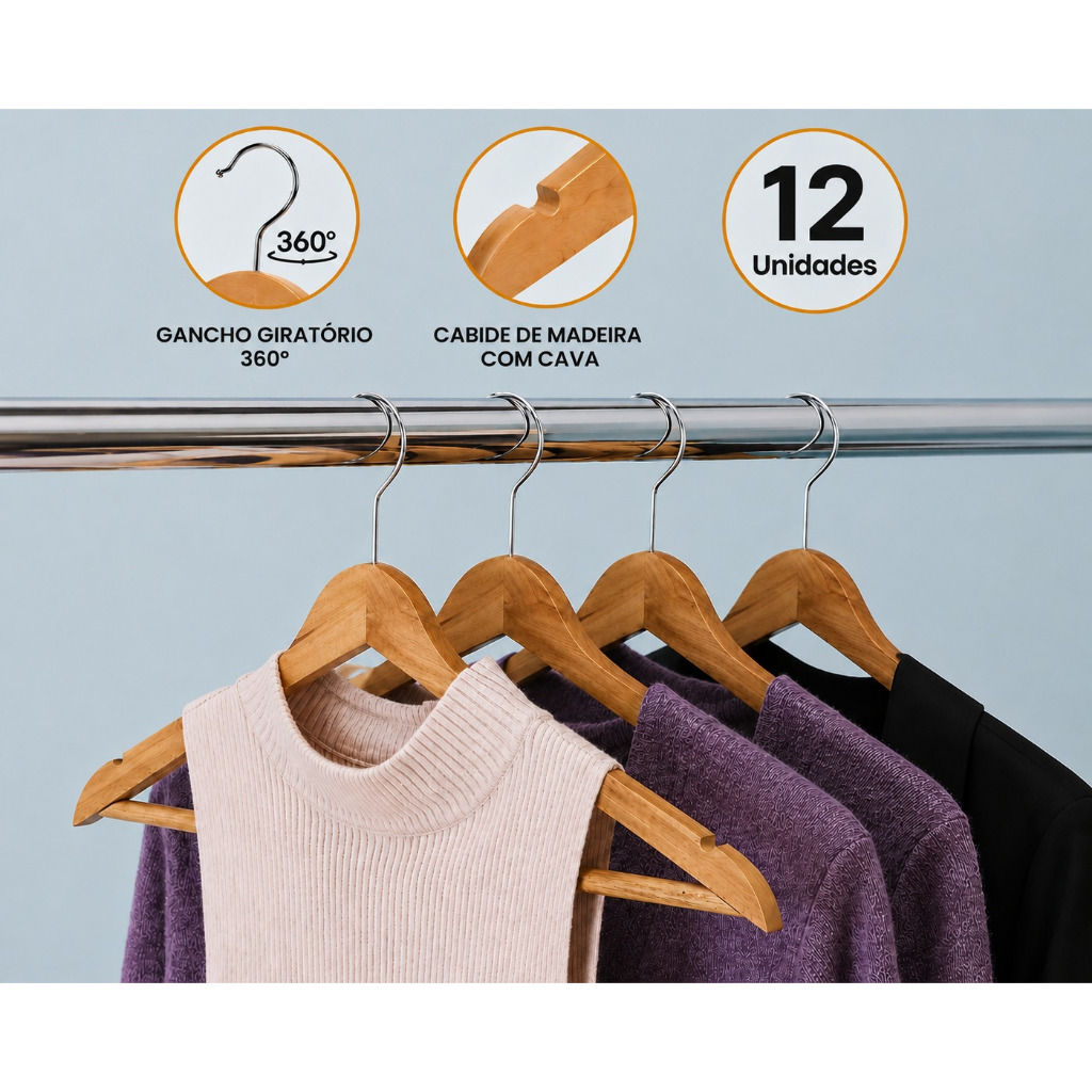 Kit 12 Cabide De Madeira Rrister Premium Resistente Com Cava
