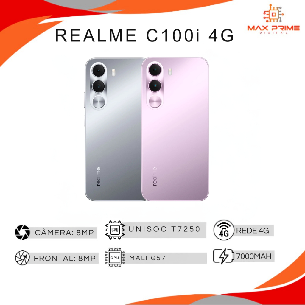 Realme C100i 4G, NFC, Bateria 7000mAh, 128/256GB + 4GB RAM, Versão Global, processador Unisoc T7250