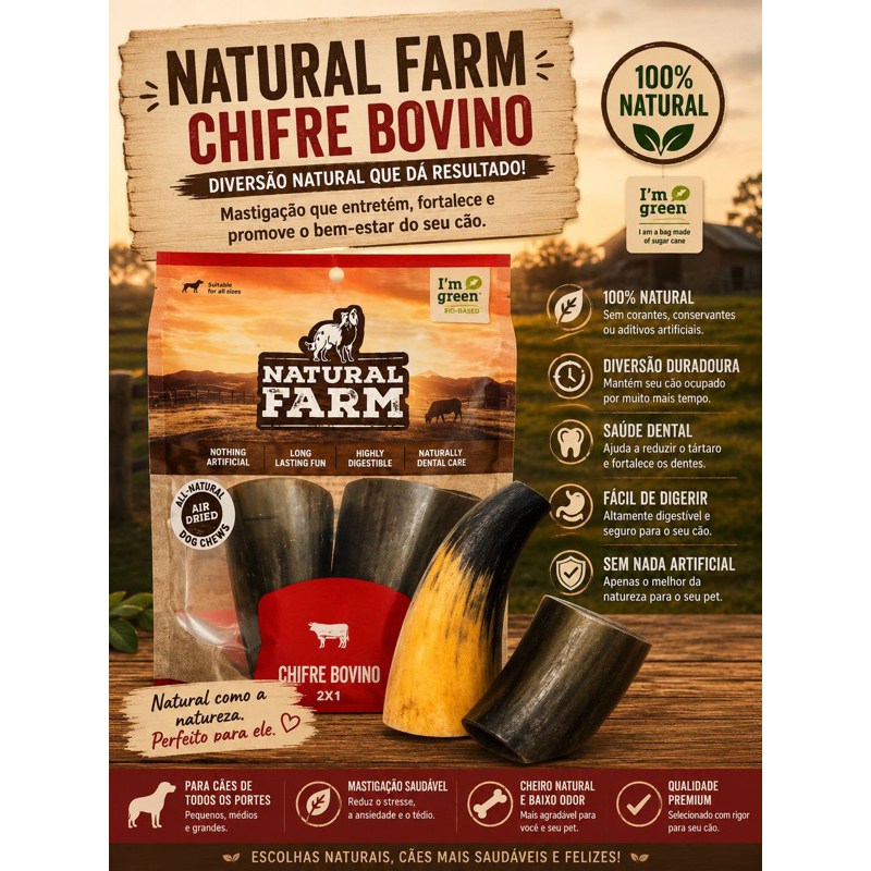 Petisco Chifre Desidratado Bovino Pacote Com 2 unidades Natural Farm 238g Mordedor Natural