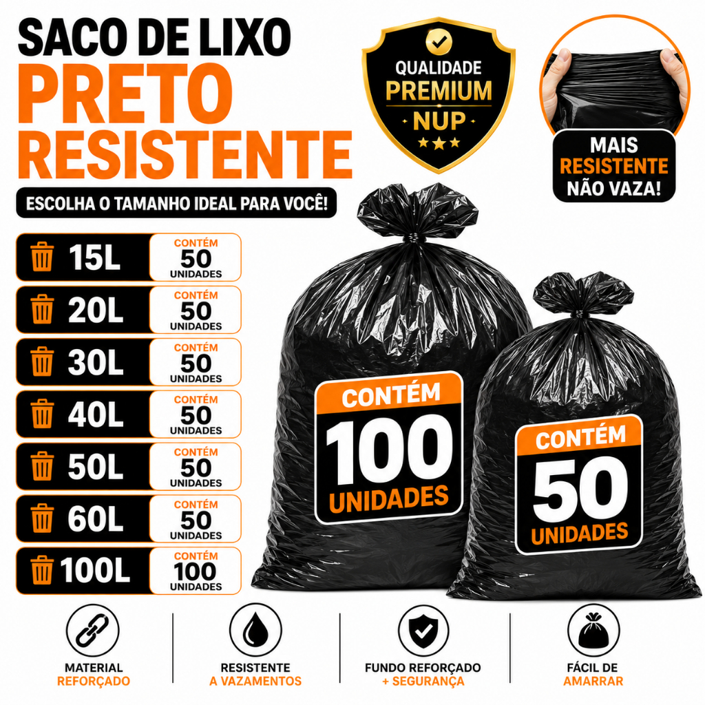 Saco de Lixo Preto Resistente Nup | Escolha o Tamanho 15L/20L/30L/40L/50L/60L/100L