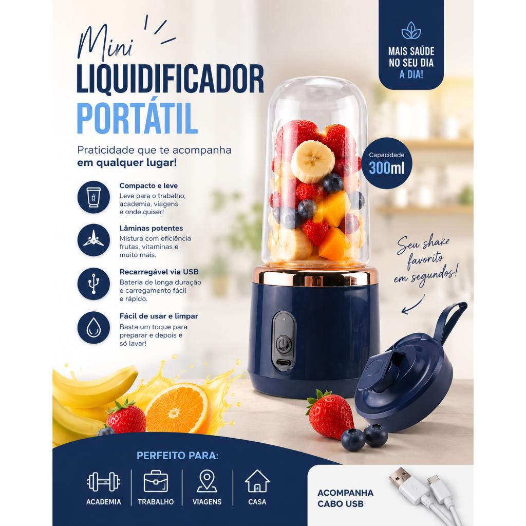 Mini Liquidificador Portátil Recarregável USB 300ml 1 Copo – Ideal para Shakes, Sucos e Vitaminas