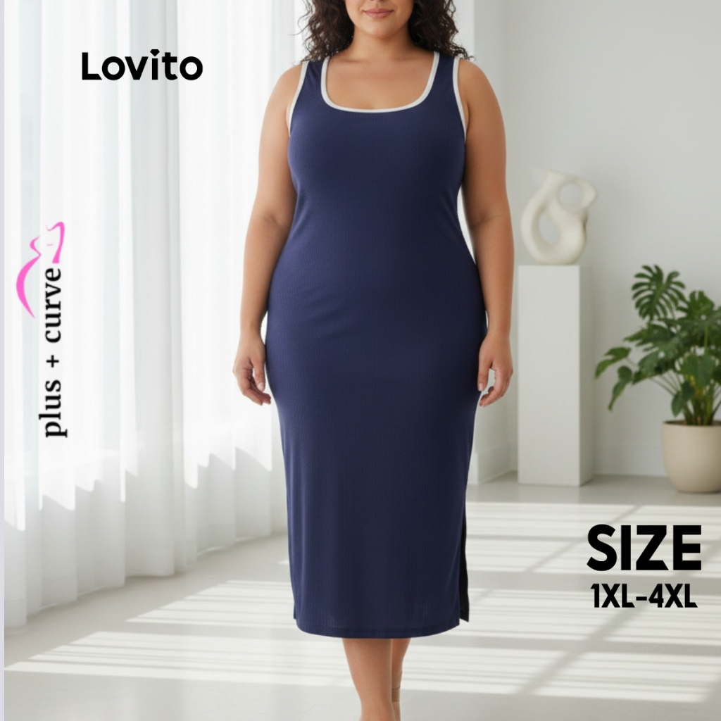 Lovito Vestido Plus Size de Malha com Vivo Contrastante DRB1227BRL1257
