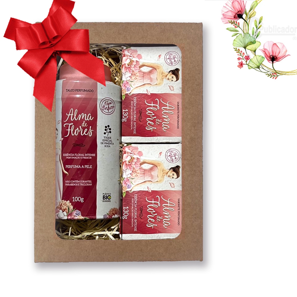 Kit 25 Presente  Feminino Alma de Flores Intense com Talco e Sabonetes + Caixa