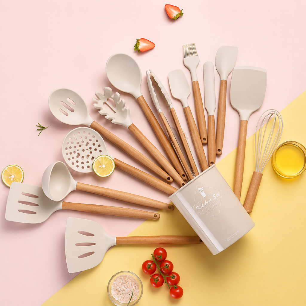 Kit de Utensílios para Cozinha 12 peças em Silicone Jogo de Cozinha Cabo de Madeira Livre BPA