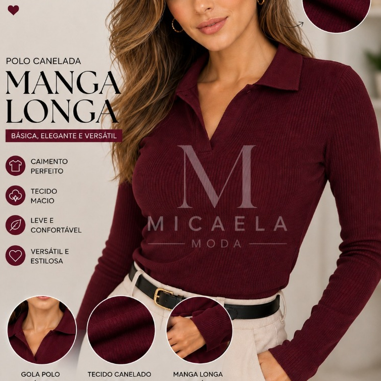 Blusa Polo Feminina Manga Longa Canelada Premium Elegante Confortável Tendência Inverno 2026