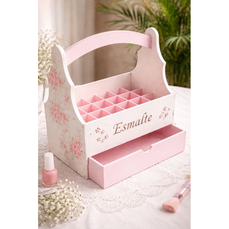 Cesta Porta esmaltes personalizada com gaveta branco e rosa