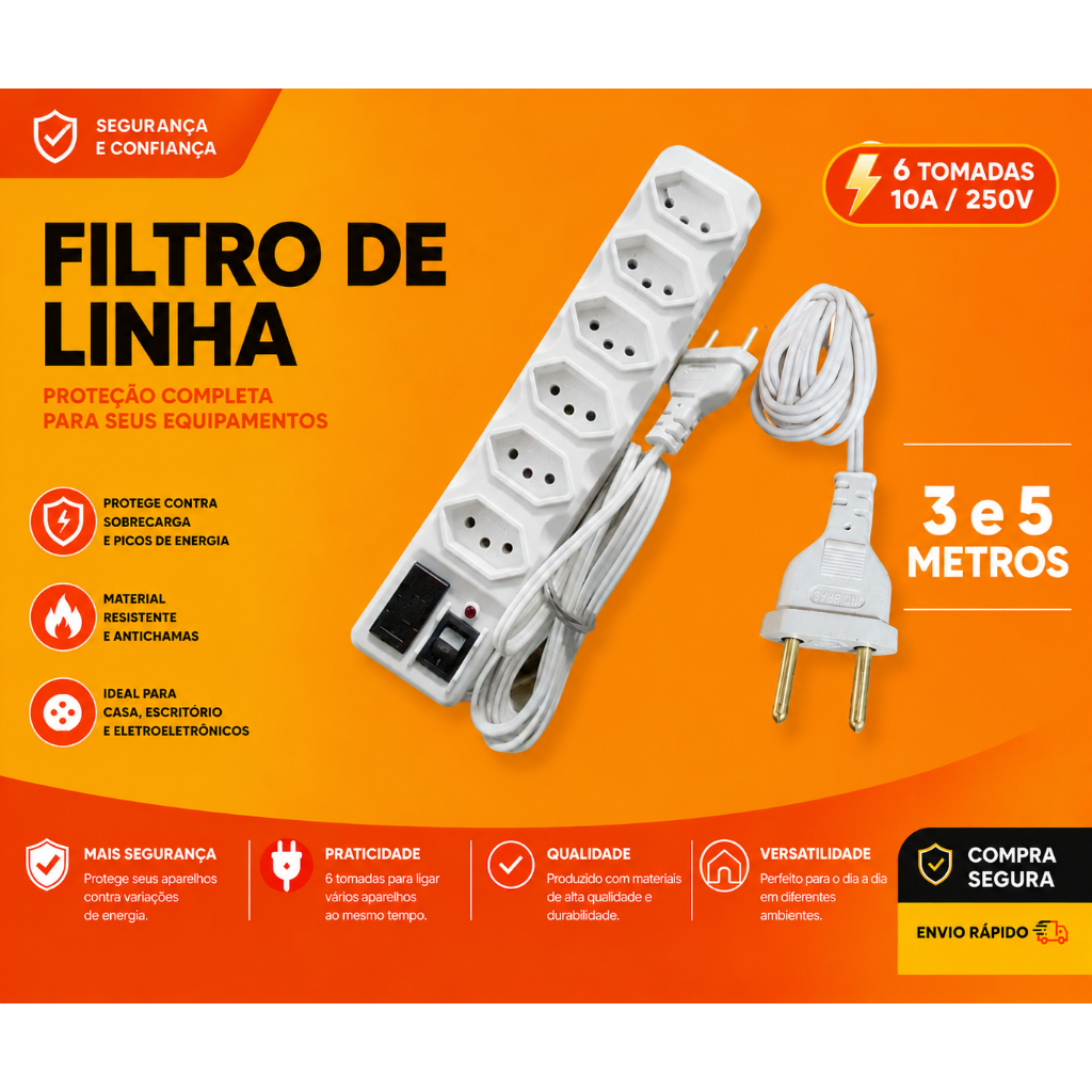 Filtro de Linha Régua Elétrica 5 e 6 Tomadas 3 Metros e 5 Metros Branco 10A