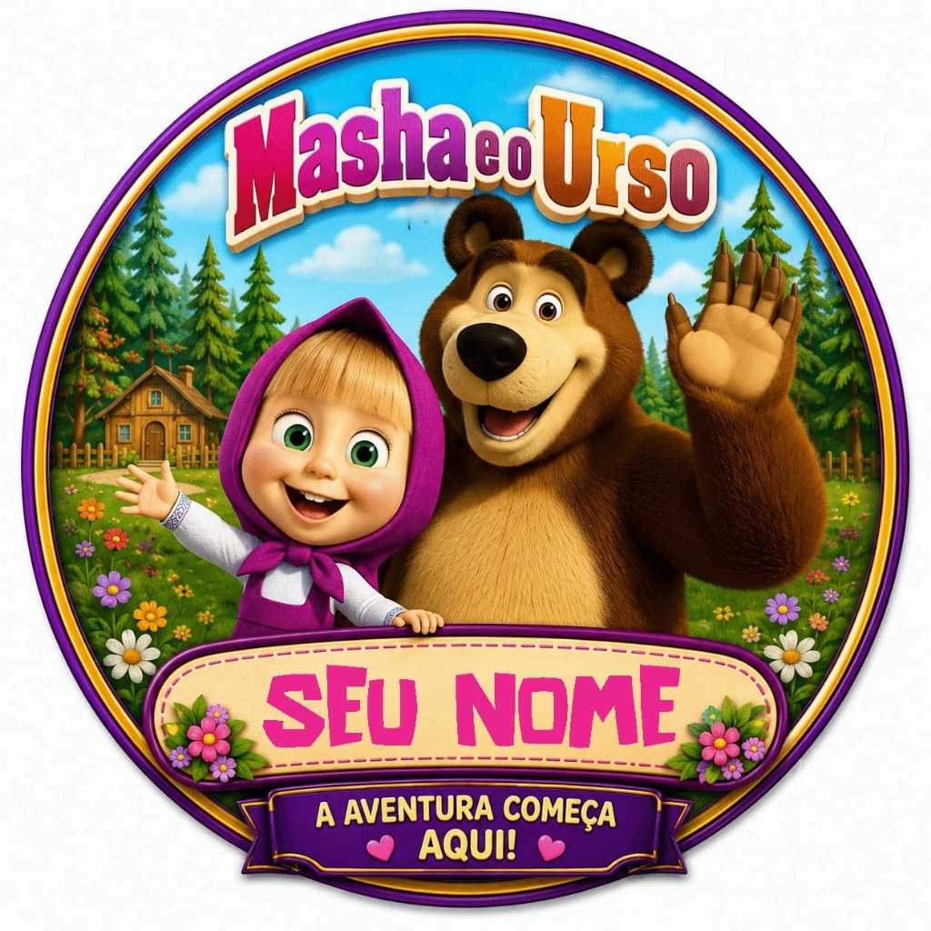 QUADRO MASHA E O URSO PERSONALIZADO COM SEU NOME ENFEITE DE PORTA DECORAÇÃO INFANTIL