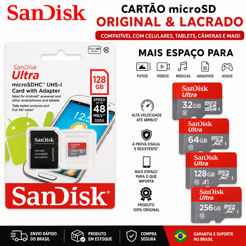 Cartão Memória MicroSD SanDisk Ultra Original Lacrado 16GB-128GB/1TB Com Adaptador