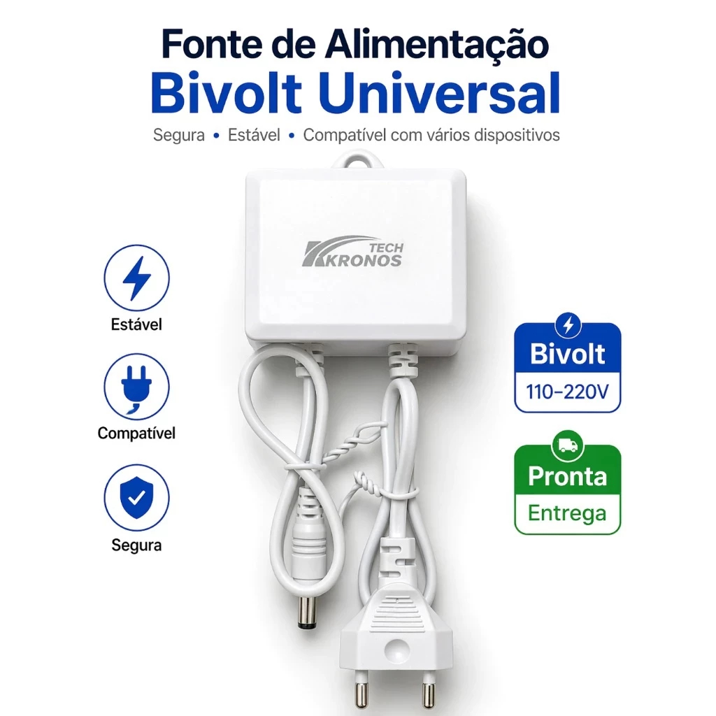 Fonte de Alimentação 12V 2A Bivolt para Câmera de Segurança à prova d'água Plug 5,5mm