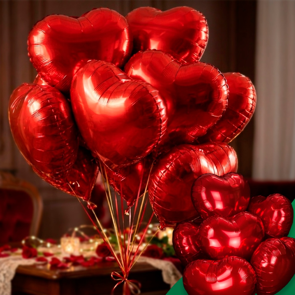 Kit 10 Balões Coração Vermelho Metalizado 45cm – Decoração Romântica Festa Namorados Casamento
