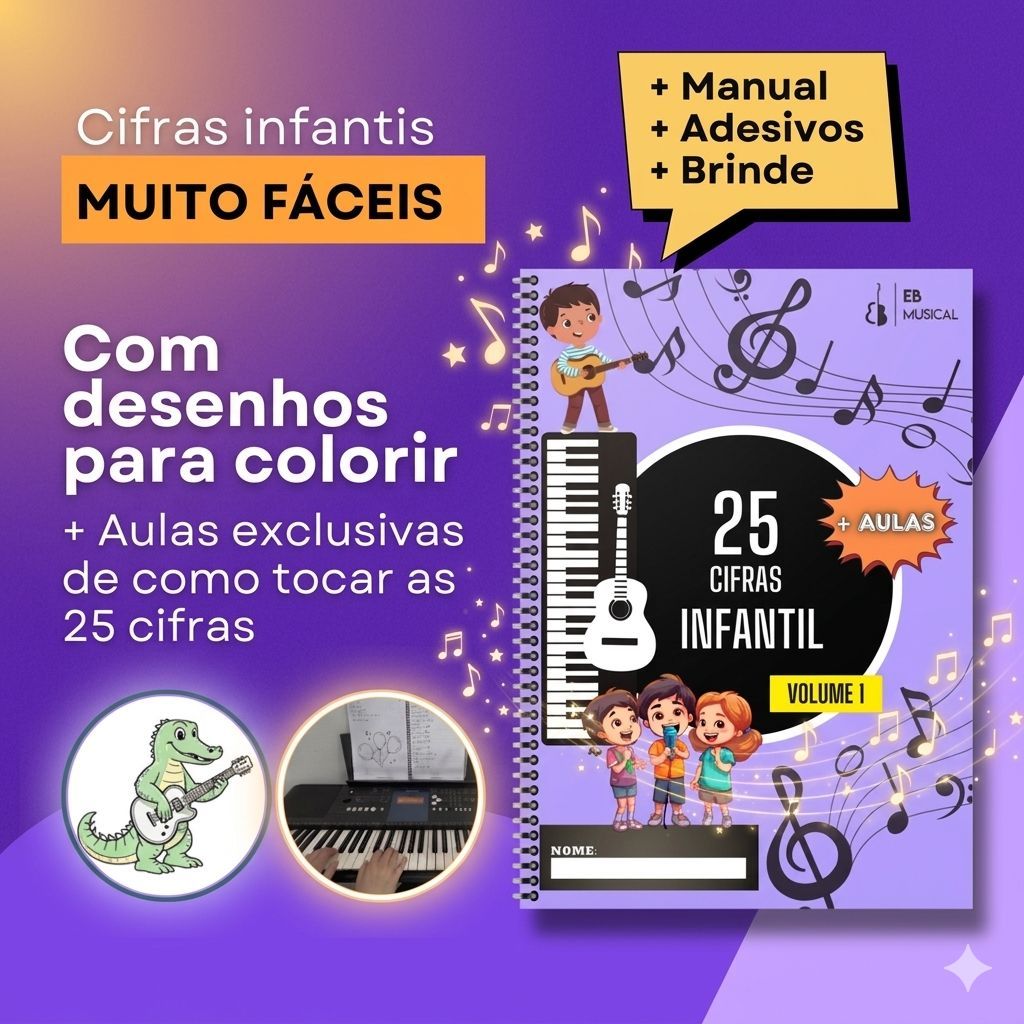 Apostila 25 Cifras Simplificadas Infantil Teclado/Piano + Aulas + Adesivos + Desenhos p/ colorir