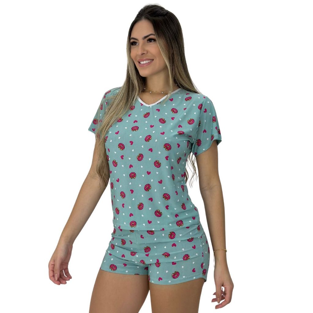 Conjunto Pijama Baby Doll Feminino Estampado Liganete Dormir Confortável Linha Noite
