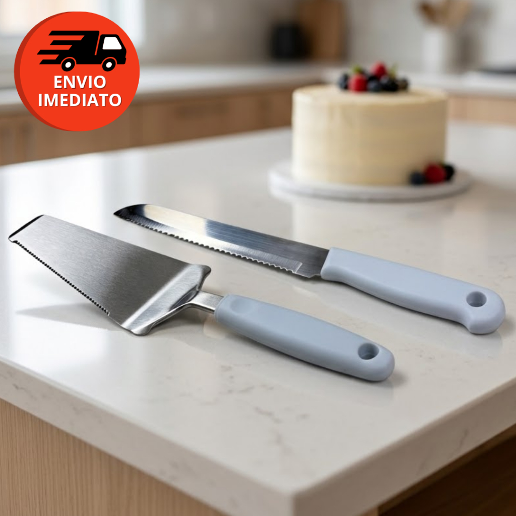 Kit Bolo 2 Pç Conjunto Faca E Espátula Para Bolo Cabo Branco Em Aço Inox Jogo Para Confeitaria
