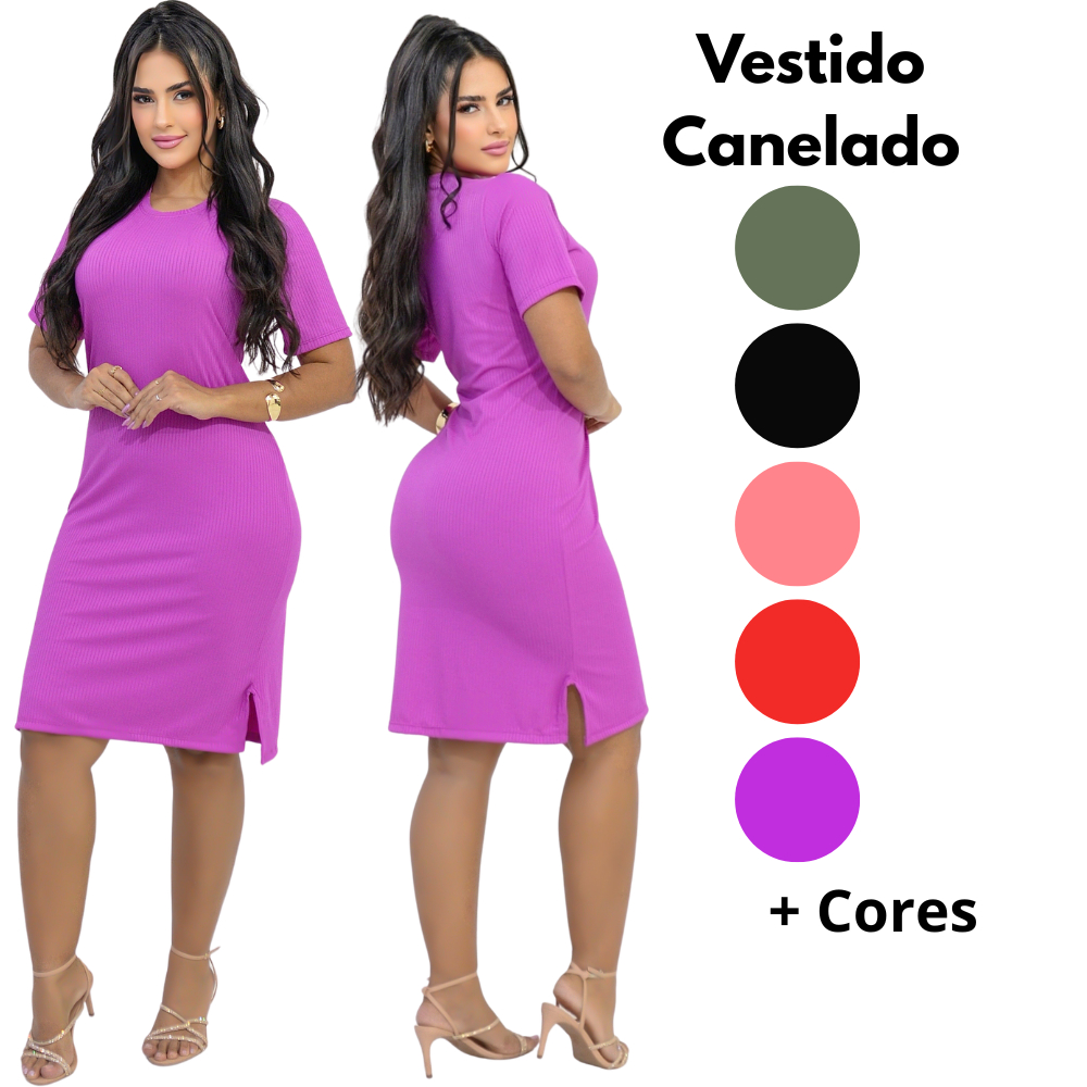 Vestido Soltinho Canelado Midi Feminino com Manga Confortável Elegante Fenda Lateral Liso Social Trabalho