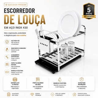 Escorredor Inox 16 Pratos Secador Louca Porta Talheres Inox Mais Bandeja Coletora