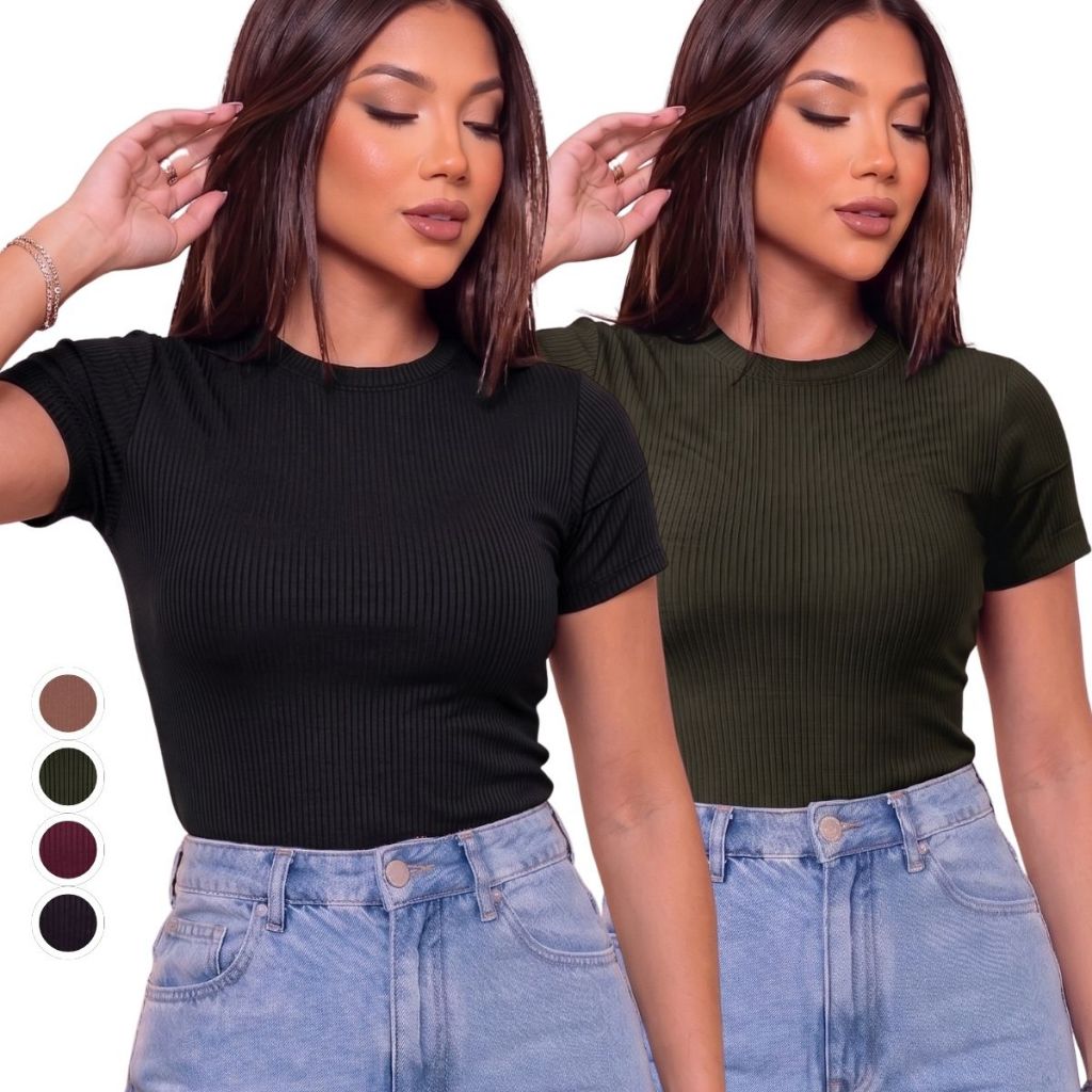 Kit 2 Blusa Feminina Ribana Canelada Básica Manga Curta Casual Roupa Feminina Versátil