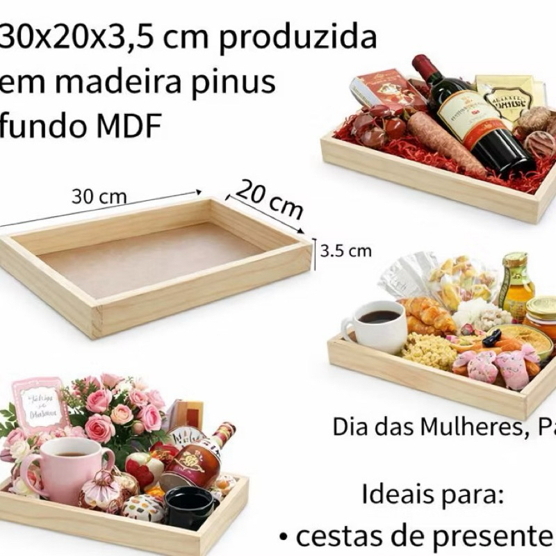kit 10 Bandeja Decorativa em Madeira Pinus 20x30x6 Café da Manhã Presente Organização