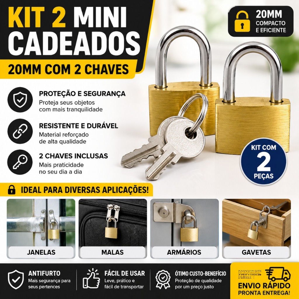 Imagem Kit 2 Mini Cadeados 20mm Com Chaves Para Mala Armário Janela
