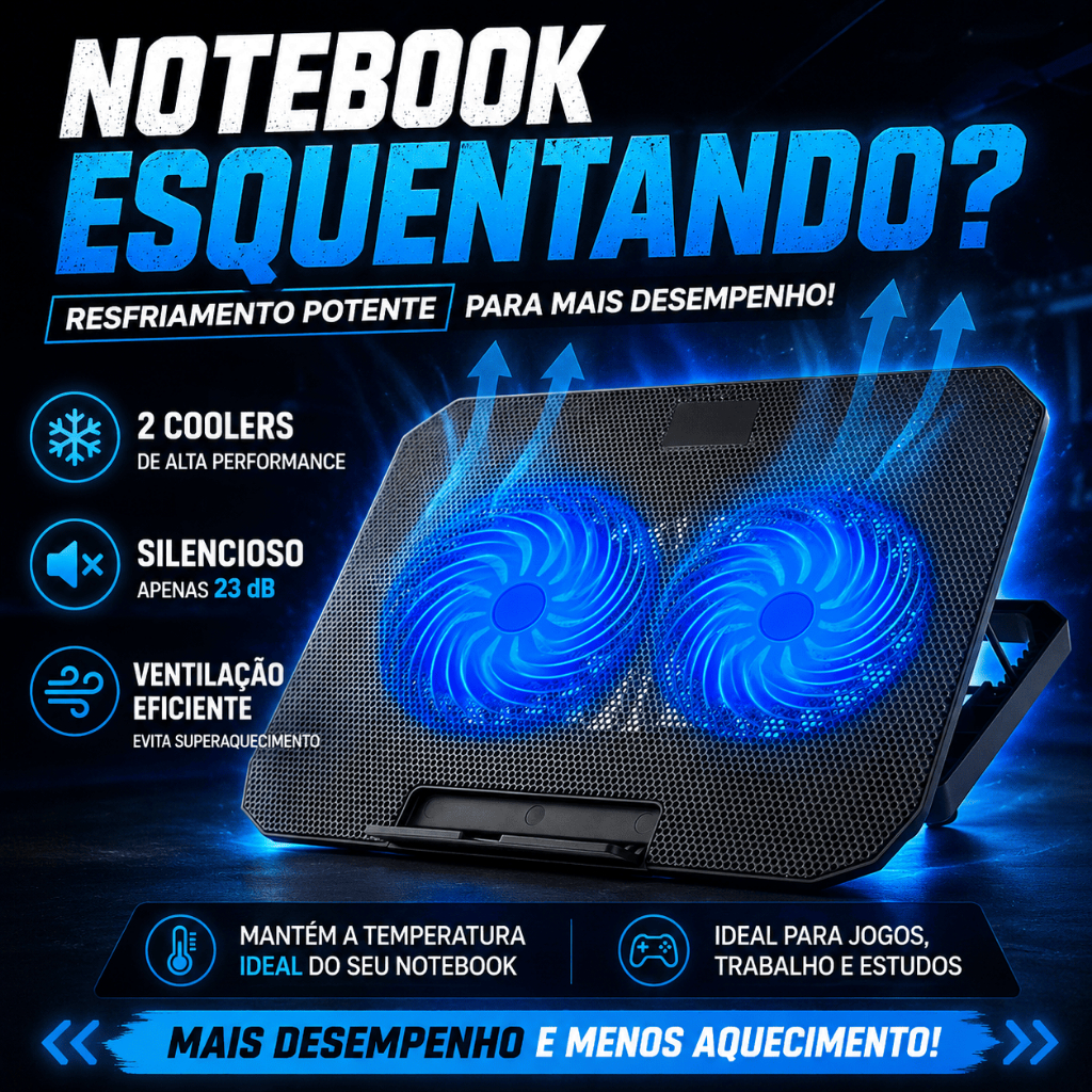 Suporte Notebook Cooler Base Refrigerada 2 Coolers Silenciosa Ajustável Gamer Até 17 USB LED