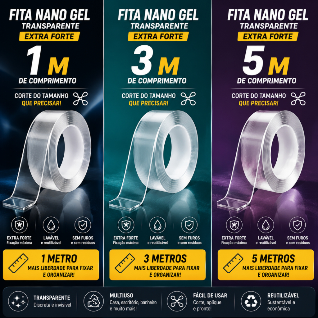 Fita Dupla Face Nano Gel Transparente Reutilizável Multiuso