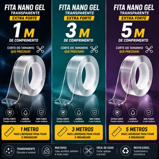 Fita Dupla Face Nano Gel Transparente Reutilizável Multiuso