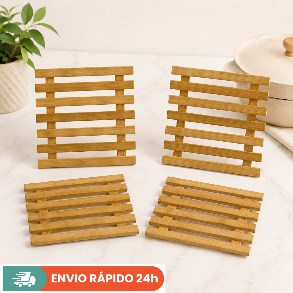 Kit Descanso de Panela Bambu 19cm Quadrado Antiderrapante