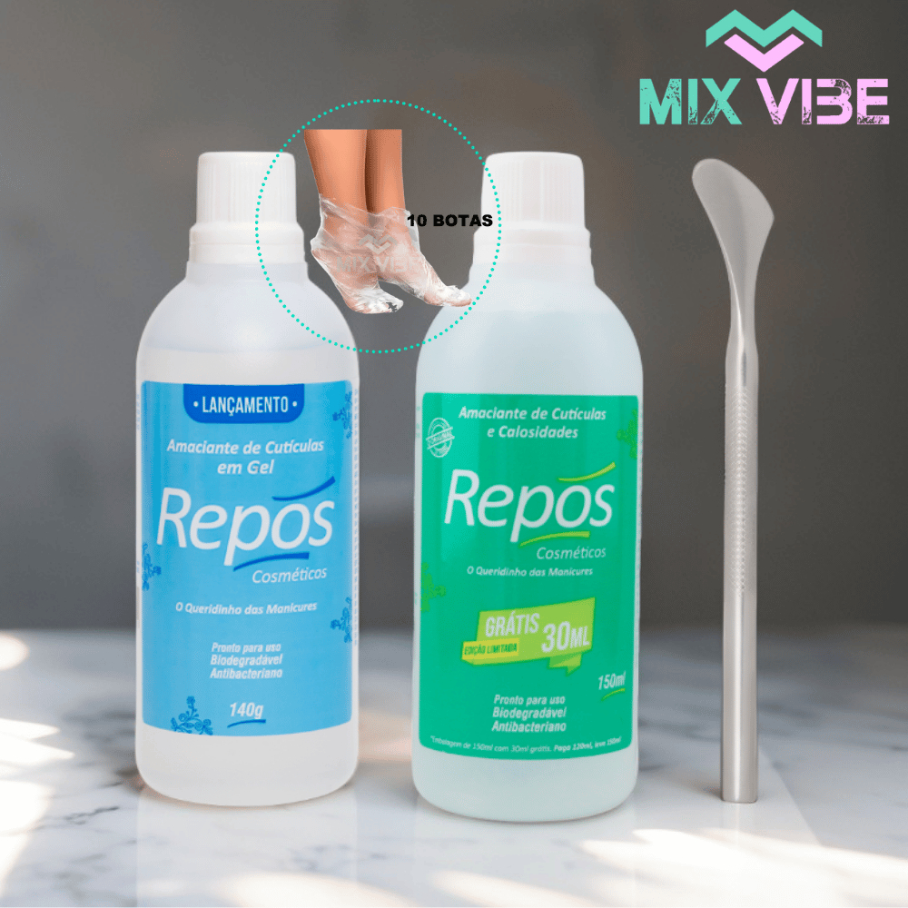 Amaciante de Cutículas e Calosidades 150ml Repos + Amaciante em Gel 140g + Espátula em Aço Inox
