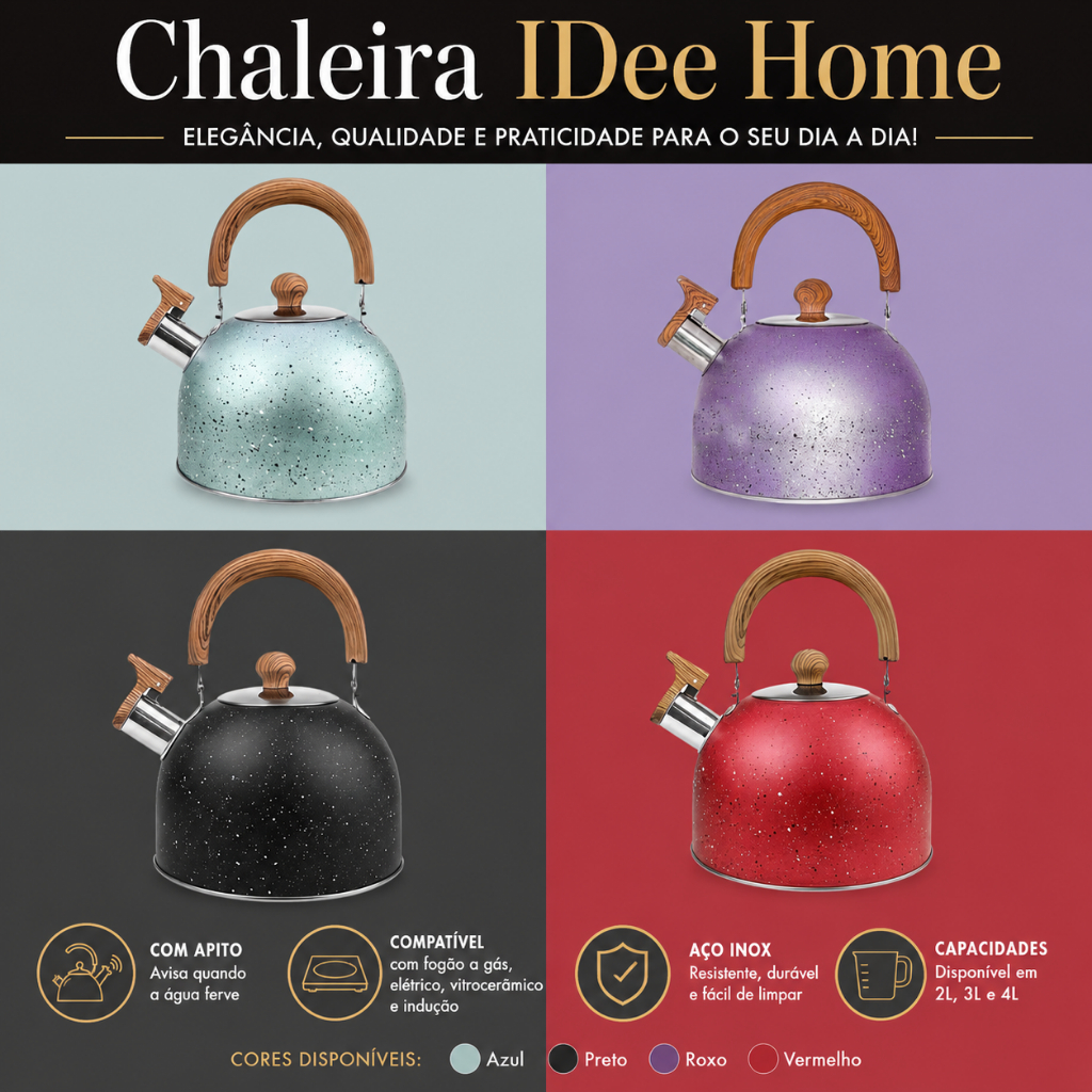 Chaleira De Aço Inox IDee Home 2/3/4 Litros com Apito Pode Ser Usado em Fogão de Indução Ideal para Chá e Café