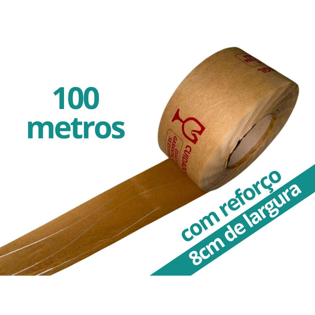 Fita gomada kraft com reforço (impressa FRÁGIL) cola ativada por água - 100 metros