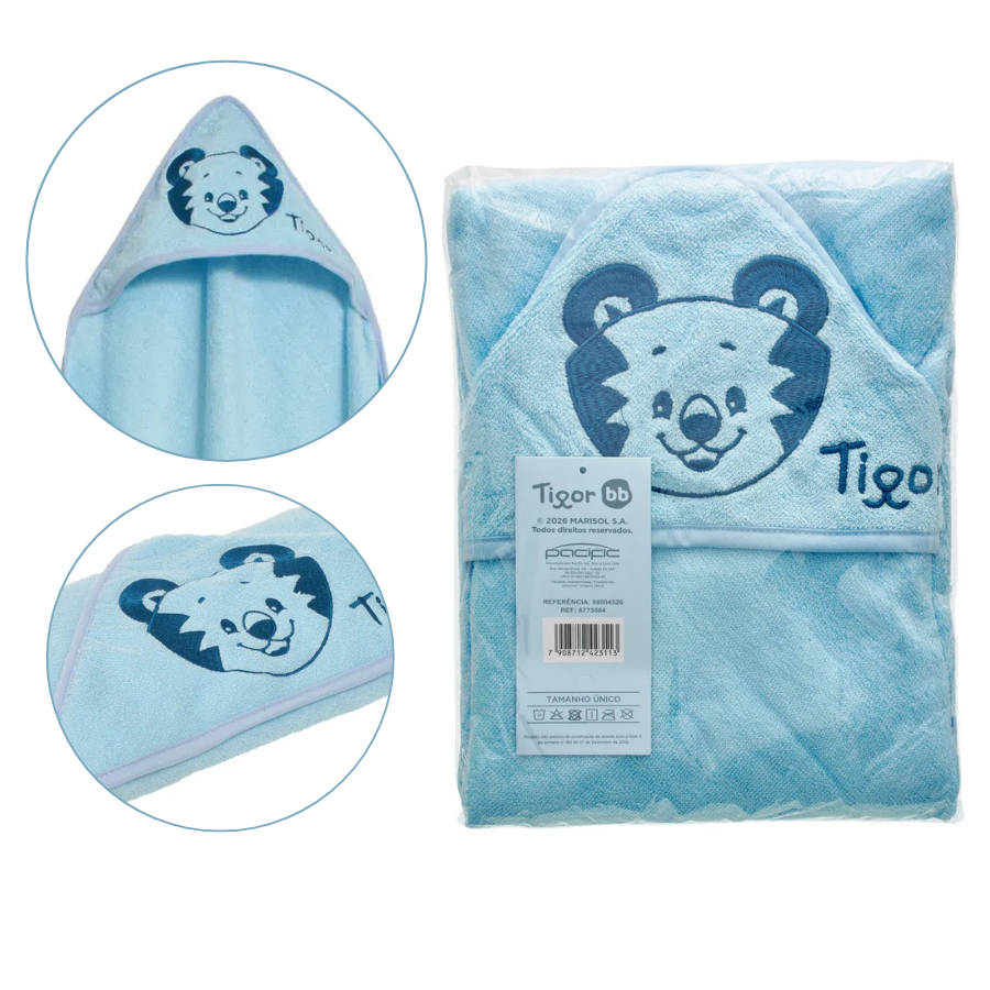 Toalha Infantil Algodão Bebê Tigor T Tigre 75cm Com Capuz Azul Original - Pacific
