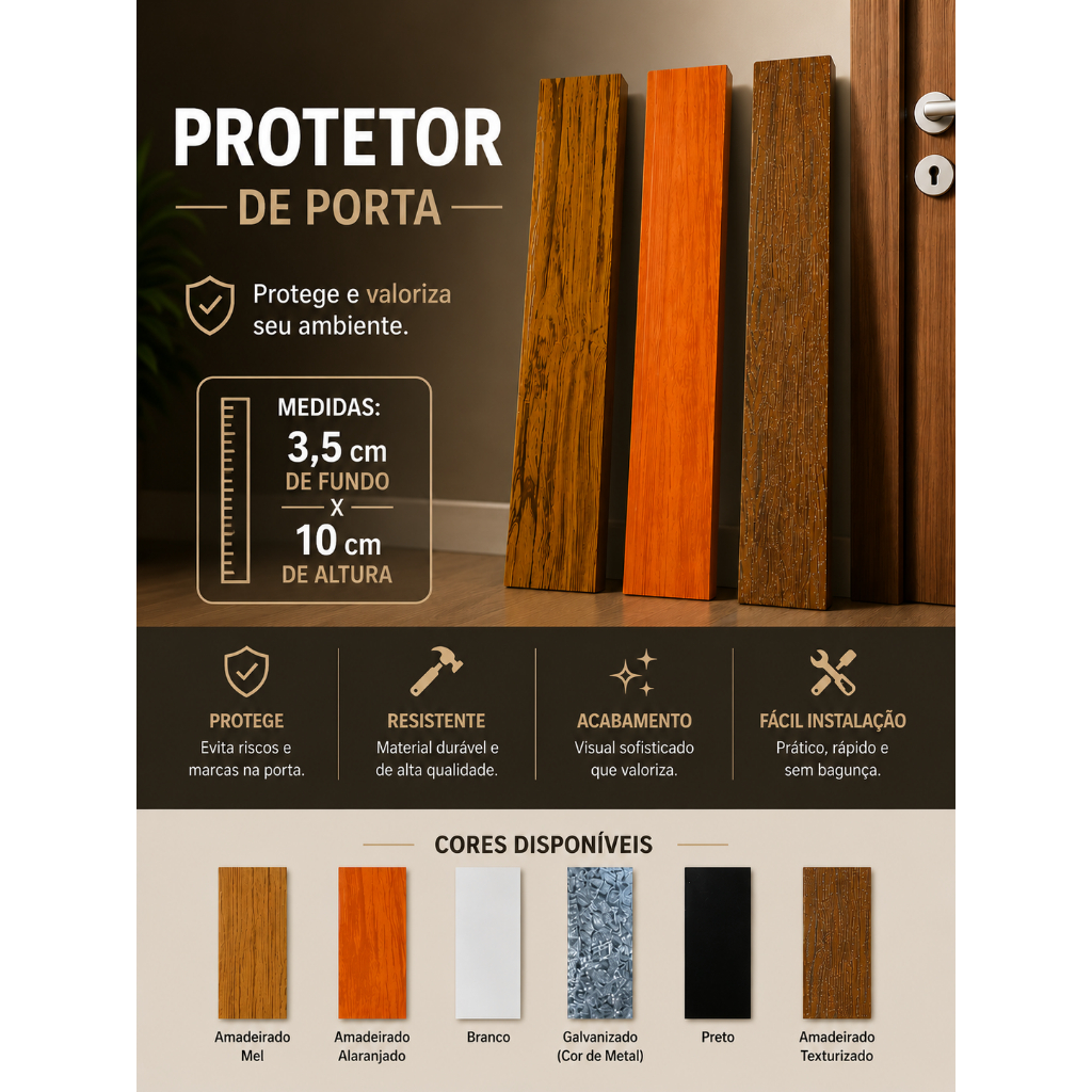 Protetor Salva Porta 3,5x10cm Madeira/Branco/Preto/Galvanizado Pintura Eletrostática