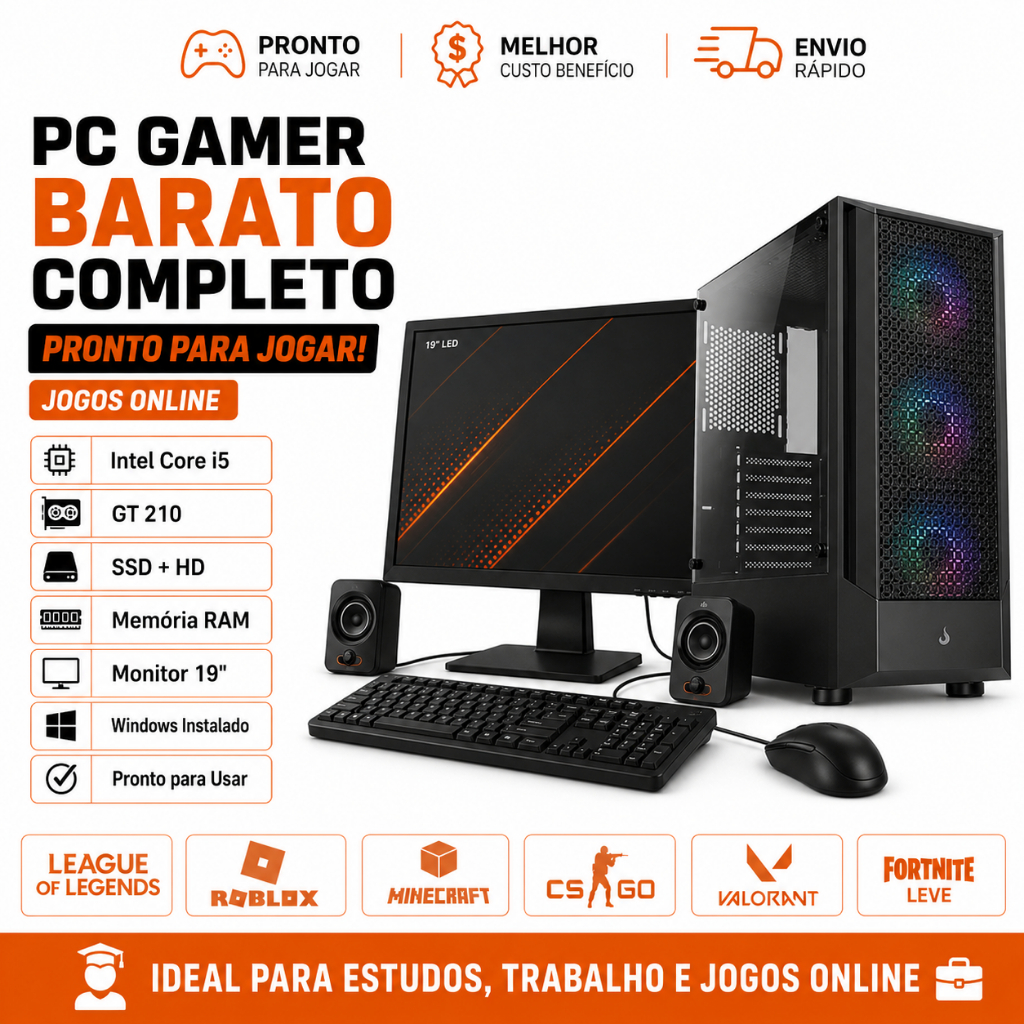 PC Gamer Barato Completo i5 GT 210 SSD+HD Jogos Online Monitor 19 Windows