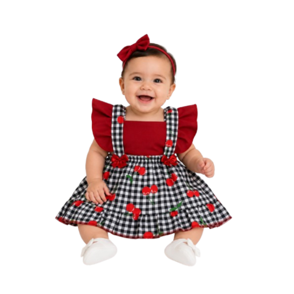 Vestido Bebê Feminino Xadrez Cerejinha com Laço | Roupa Infantil