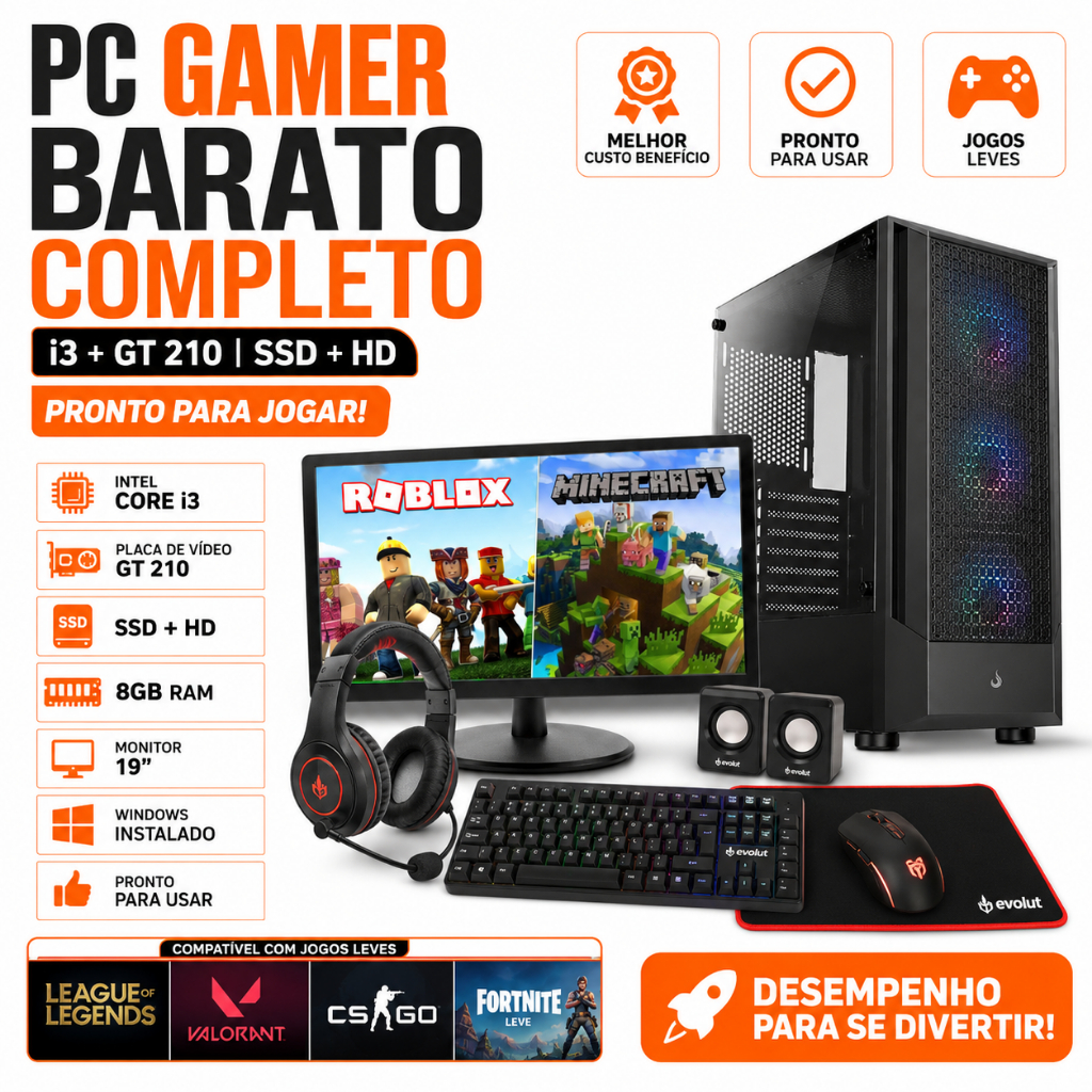 PC Gamer Barato Completo i3 GT 210 SSD+HD Roblox Minecraft Monitor 19 Windows