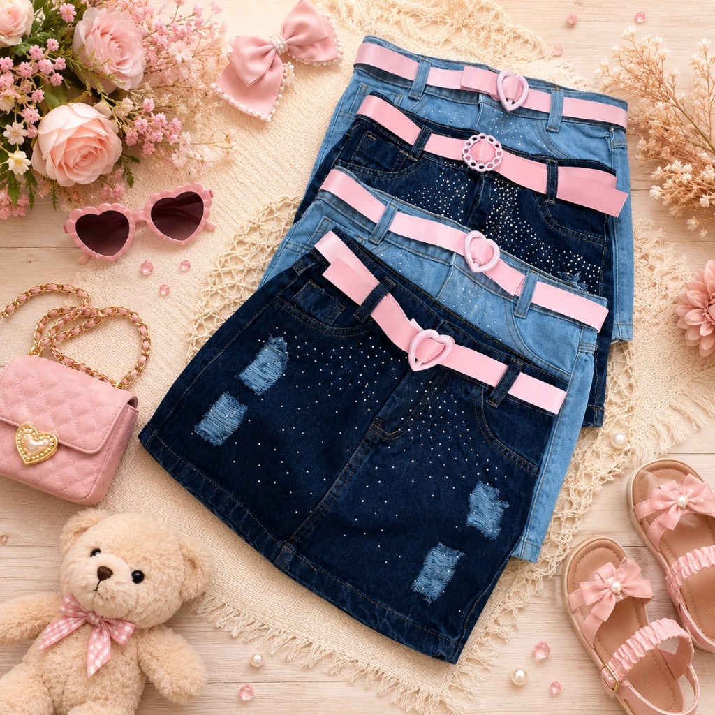 SAIA INFANTIL MENINAS JEANS PEDRARIA COM CINTO MENINAS