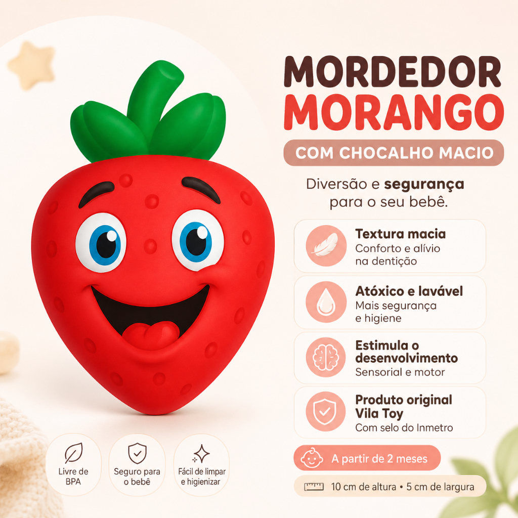 Mordedor Bebê Morango Chocalho Macio Vinil Seguro Dentição Sensorial Barulho Suave Brinquedo Infantil