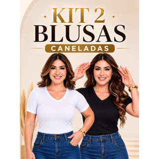 KIT 2 T-SHIRT GOLA V FEMININA BLUSA CANELADA MANGA CURTA BLUSINHA ESTILOSA BLUSAS DECOTE ELEGANTE
