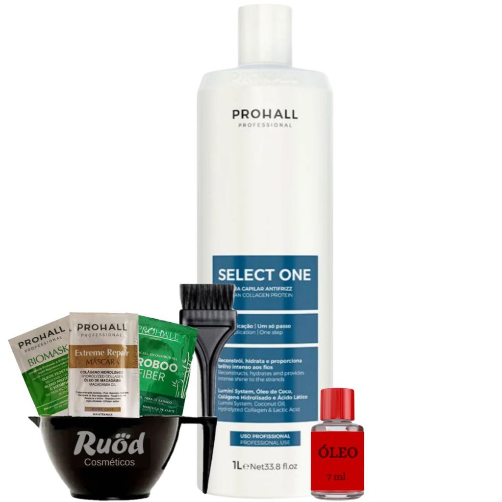 Prohall Select One Escova Progressiva Sem Formol Selagem Organica Único Passo 1 Litro + Óleo 7ml + Kit Aplicação