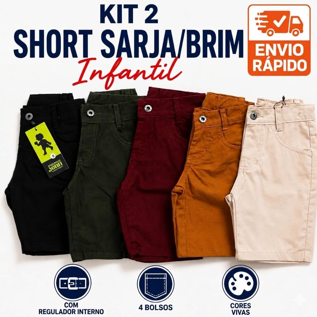 Kit 2 Bermudas Infantil Sarja com Elastano Masculina Regulador Ajustavel