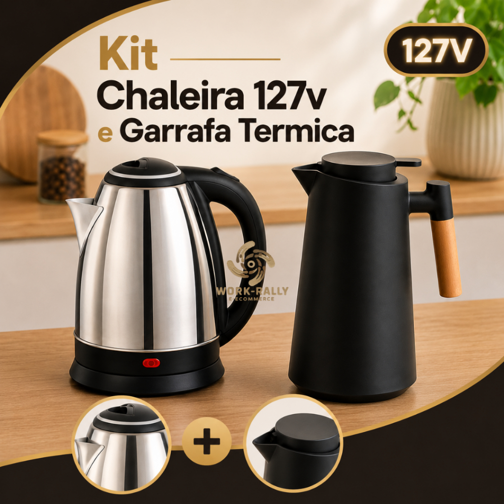 Kit Chaleira Elétrica 1,8l 127v + Garrafa Térmica 1Litro - Nórdica Cabo de Madeira